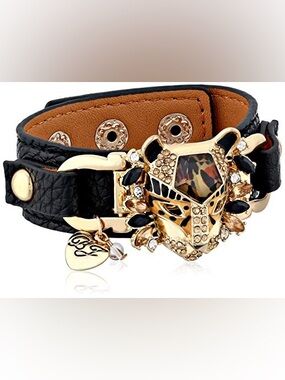 Betsey Johnson Hollywood Glam Black Leather Gold Leopard Face Wrap Bracelet